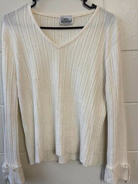 Cream Ribbed V-Neck Long Sleeve Top